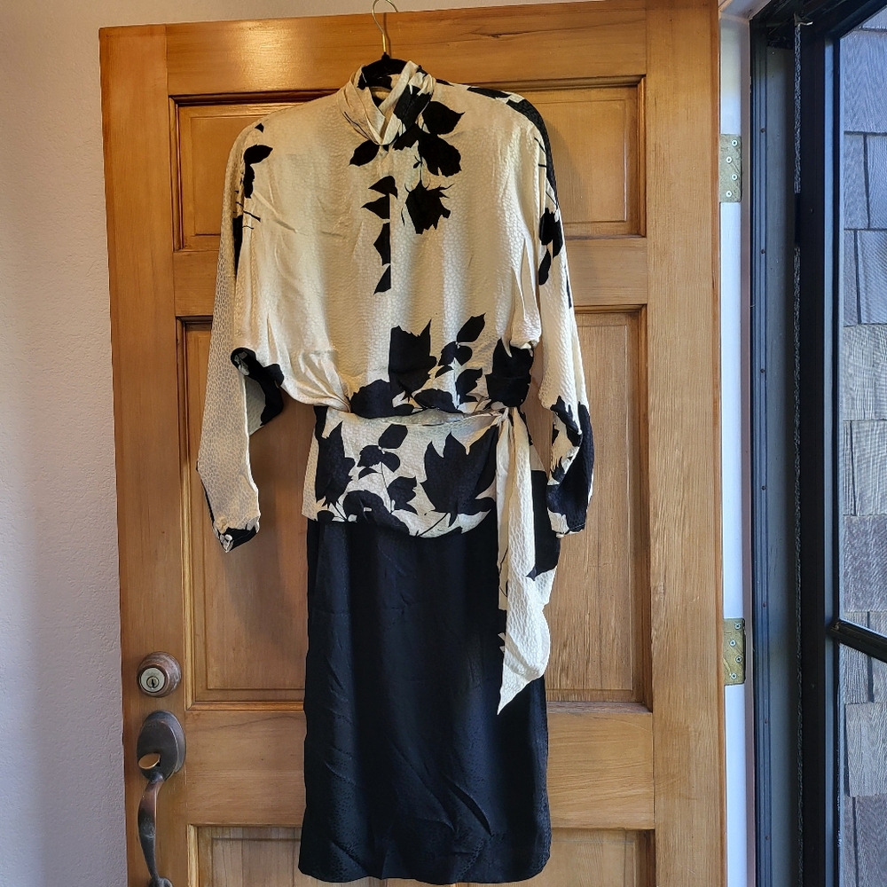 Vintage 1980's Saint Romei 100% Silk Cream & Black Dress